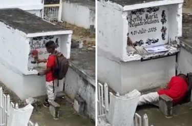 Criança visitou mãe no cemitério e adormeceu em seu túmulo. Ele trouxe flores e a lição de casa