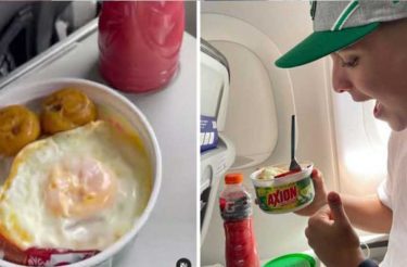 Jovem leva marmita de arroz com ovo feita pela mãe para comer durante viagem de avião