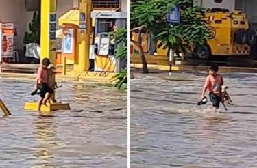 Menino entra em rua alagada por enchente para salvar cachorrinho