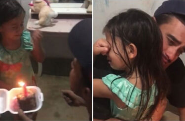 Sem dinheiro para festa no aniversário da filha, pai chega em casa com fatia de bolo e menina se emociona